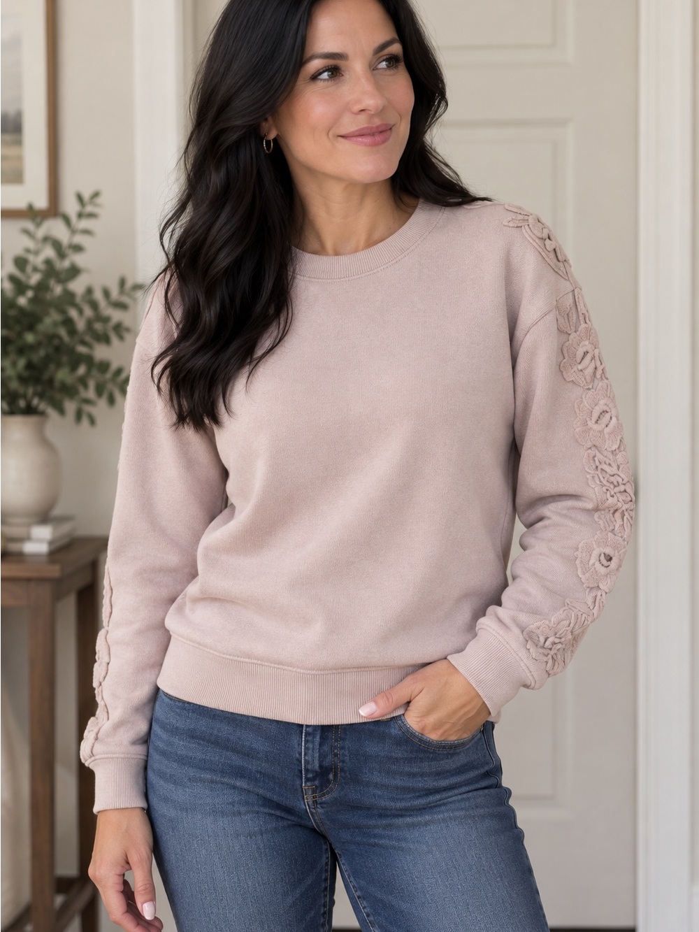 Sri & Ali Crewneck Embroidered Sleeve Sweater - Dusty Rose